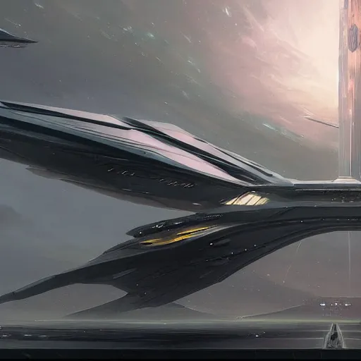 Prompt: concept art of a gigantic futuristic spaceship through space by greg rutkowski, the ship is shaped like a spear with six huge thrusters on the back and has a brutalist and megalithic look, cinematic lighting, highly detailed, sci - fi, artstation hq