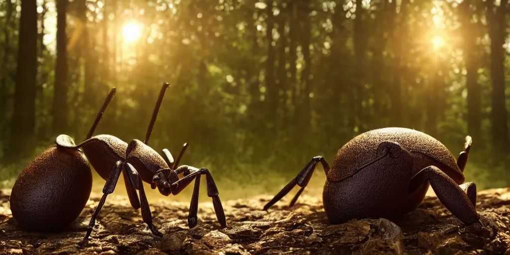 Prompt: a highly detailed giant ant god in the middle of a forest, beautiful ambient light, sun rays hitting the creature, golden hour, 8k photography