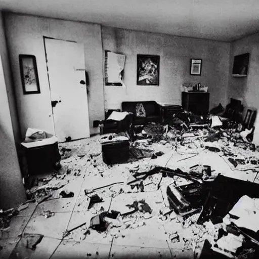 Prompt: The conceptual art shows a scene of total destruction. A room has been completely wrecked, with furniture overturned, belongings strewn about, and debris everywhere. The only thing left intact is a single photograph on the wall. This photograph is the only evidence of what the room once looked like. It shows a tidy, well-appointed space, with everything in its place. The contrast between the two images is stark, and it is clear that the destruction was complete and absolute. camouflage by Martin Deschambault imposing