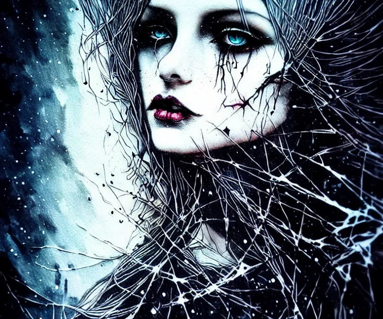 Image similar to stunning otherworldly gothic goddess of beauty, dark and mysterious, atmospheric, ominous, eerie, cinematic, epic, 8 k, 4 k, ultra detail, ultra realistic, rendered by awesomeness. nights falling wind is blowwing snow is pilling concept art in style of carne griffiths artwork by xsullo