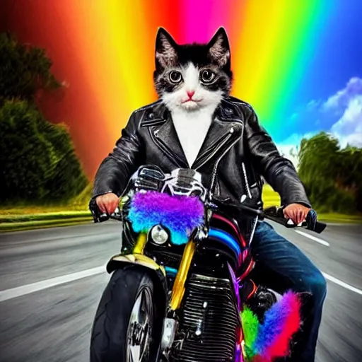 Image similar to wide angle full body, jacket wearing fluffy cute rainbow kitten wearing a black leather motorcycle jacket, riding on a motorcycle, cinematic concept art