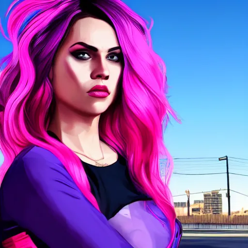 Image similar to a stunning GTA V loading screen with a beautiful woman with ombre hairstyle in purple and pink blowing in the wind, city streets, golden ratio, digital art, trending on artstation