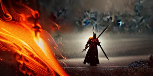 Image similar to The dark paladin with a heated sword in his hand and a burning flame with a sword in the rain. cinematic shot from back, realistic, 4K,