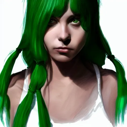 Image similar to artstation young woman with green eyes and pigtails her head in fury, very detailed, , portrait, high contrast