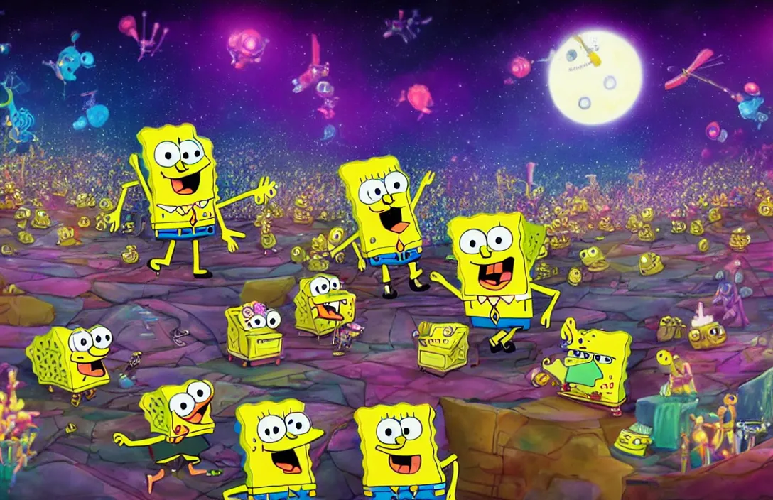 Prompt: spongebob rock concert on the moon, shot taken from behind spongebob on the stage looking the crowd, concert lighting, digital art, highly detailed, concept art, nickelodean style, party atmosphere, dark sky