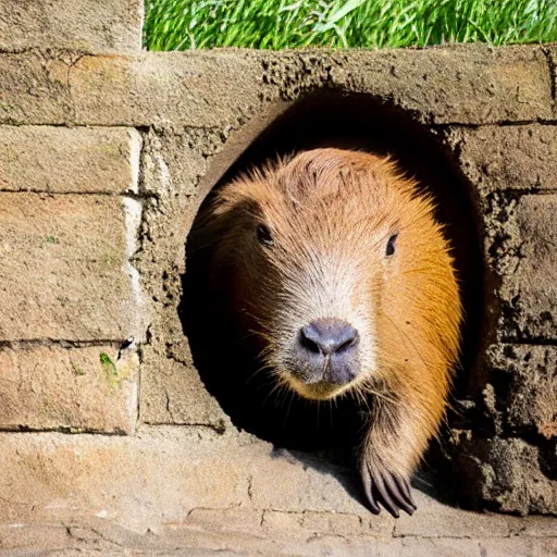 Prompt: capybara breaking through a wall, huge hole!!!! in the wall, photograph