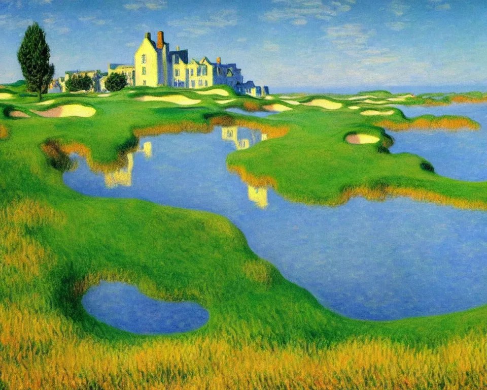 Image similar to achingly beautiful painting of bandon dunes golf course by rene magritte, monet, and turner.