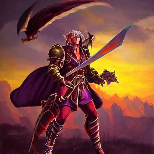 Prompt: painting of raphael from soulcalibur!!!!!, watching a purple and orange sunset!!, from the black mage cemetery!!!, in the style of justin gerard!!!!