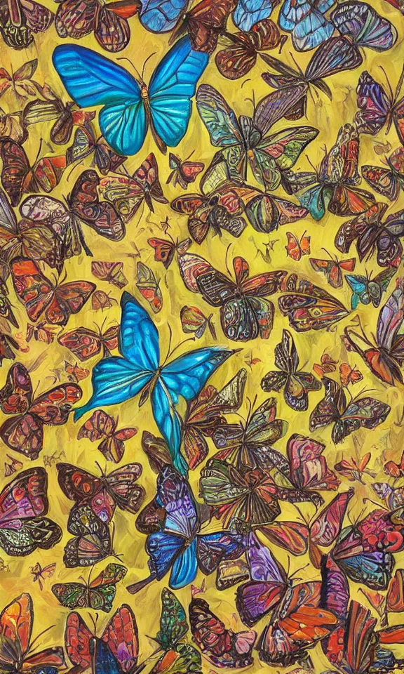 Prompt: a beautiful painting of butterflies in the style of Robert Williams