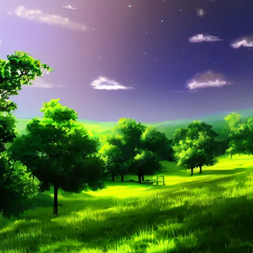 Image similar to green meadow, in anime style, beautiful green, nature, 4 k,