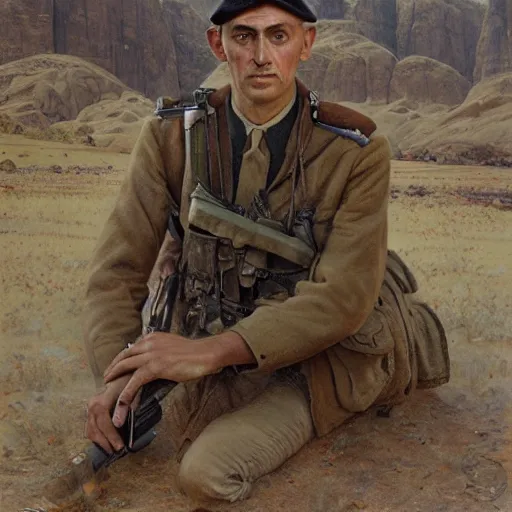 Prompt: a detailed photorealistic muted - color portrait painting of a 1 9 1 7 worried clean - shaven british lieutenant in field gear from the arab bureau in wadi rum, ultra realistic, intricate details, atmospheric, dark, brooding, highly detailed, by clyde caldwell