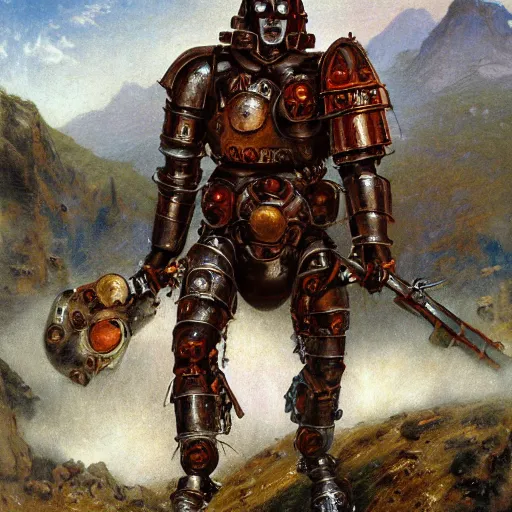 Prompt: full body rusty black steel single titan colossus terminator T-800 red eyed in pacing through valley, crossing the river, mountain valley to smoking fortress afar, breastplate armour, machine gun, artillery, muscular torso, fine art, cinematic, artstation, matte painting, masterpiece by vasnetsov and surikov, JEAN-VICTOR BERTIN, by Terence Cuneo