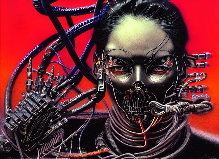 Prompt: dark cyberpunk graffiti rider, a lot of cables around by ayami kojima, by francis bacon, by amano, by karol bak, greg hildebrandt, by mark brooks, by alex grey, by zdzisław beksinski, by takato yamamoto, vintage style, high resolution, ultra detailed, midshot portrait