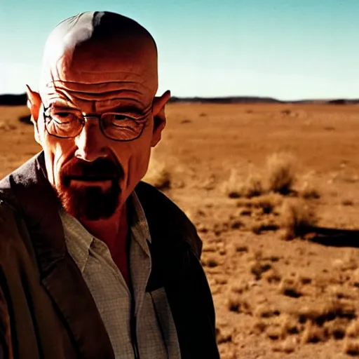 Prompt: breaking bad still frame of walter white in shock with his mouth opened, desert background, breaking bad