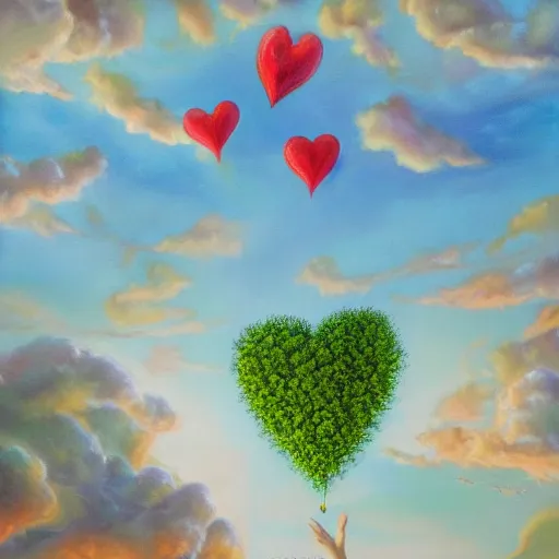 Image similar to a detailed fantasy painting of romantic hearts in the sky and broccolis floating in the sky, by lauri blank, artgerm, evelyn de morgan, 8K, 50mm lens