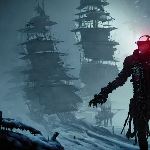 Image similar to i am a cyborg pirate in cyberpunk when visiting frostpunk