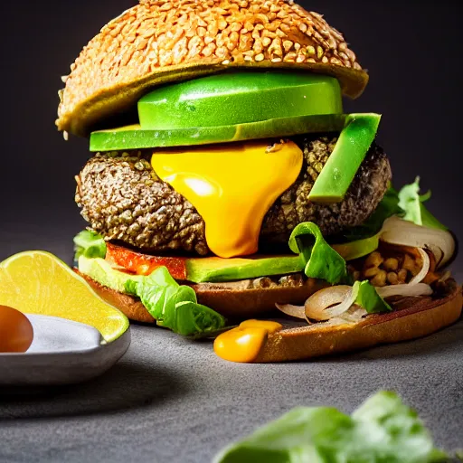 Image similar to juicy vegan hamburger topped with avocado onion and a vegan fried egg, crispy buns, 8 k resolution, food photography, studio lighting, sharp focus, hyper - detailed