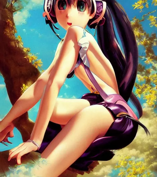 Image similar to Anime art very beautiful Hatsune miku by Gil Elvgren, Vladimir Volegov, Earl Moran, Enoch Bolles, symmetrical shoulders