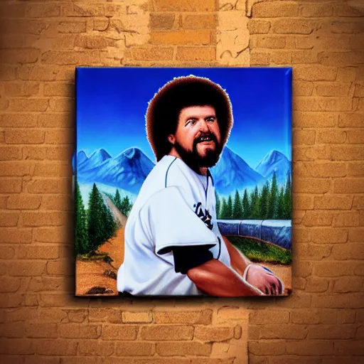 Image similar to a closeup photorealistic photograph of bob ross themed kenny powers baseball, painting on a canvas. mountains and trees. film still. brightly lit scene. this 4 k hd image is trending on artstation, featured on behance, well - rendered, extra crisp, features intricate detail, epic composition and the style of unreal engine.