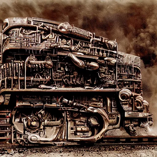 Image similar to boxcar made of human meat and bone, biomechanical railroad, highly detailed, War Photography, by H.R. Giger