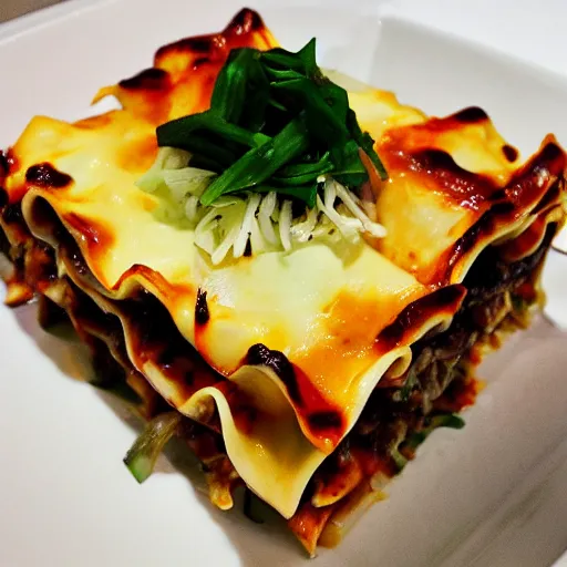 Prompt: japanese fusion cuisine, yakitori lasagna