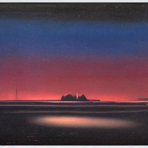 Image similar to the epic abstract painting'blue arctic void with black and red aurora borealis above a tiny inuit village ', by caspar david friedrich!!!, by rothko!!!, stunning masterpiece, trending on artstation