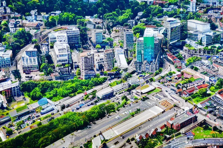 Image similar to bird's eye view photography of a small city. town hall, central farm, monorail station, beach and harbor. hills, woods and lake to the north.