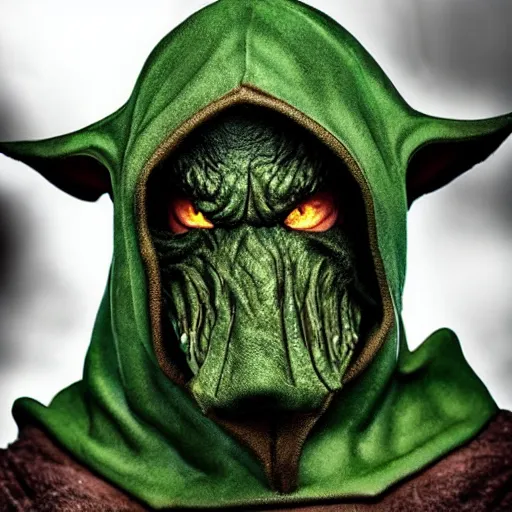 Image similar to night goblin wearing pointy hoods, fantasy, green skin