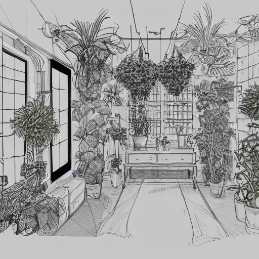 Image similar to annotated highly, detailed and intricate, sketch of a room full of plants, marker concept art style rendering, concept art, half blueprint, trending on artstation, intricate details, center frame, annotations