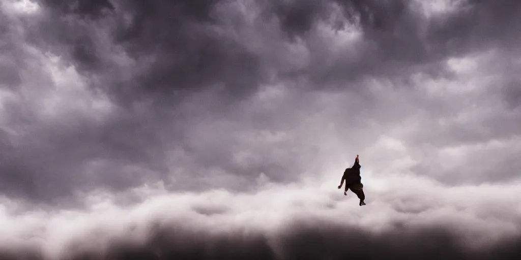 Image similar to a person falling through the clouds, cinematic, beautiful lighting, billowy clouds, wide shot