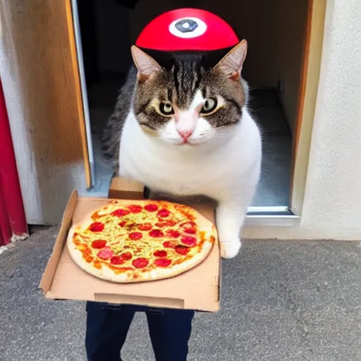 Prompt: a cat working as pizza delivery man