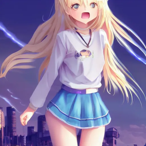 Image similar to a giant very beautiful anime girl, full body, long wavy blond hair, sky blue eyes, full round face, short smile, cute top, miniskirt, sitting on a miniature city, cinematic lightning, medium shot, mid-shot, highly detailed, trending on Artstation, Unreal Engine 4k, cinematic wallpaper by Stanley Artgerm Lau, WLOP, Rossdraws, James Jean, Andrei Riabovitchev, Marc Simonetti, and Sakimichan