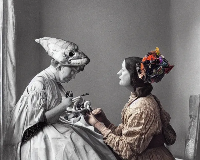 Image similar to an innocent and beautiful scene in hyper realistic style, about an old and lonely woman applying makeup in front of the camera, and modeling a victorian dress. a huge and colorful fish sits on her head.