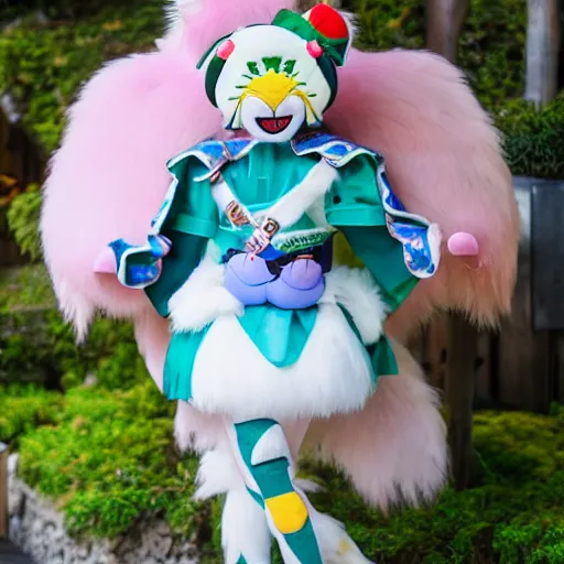 Prompt: 35mm of a very cute, adorable and creative Japanese mascot character costume, full body view, very magical and dreamy, designed by Gucci,kawaii, lush plant and magical details