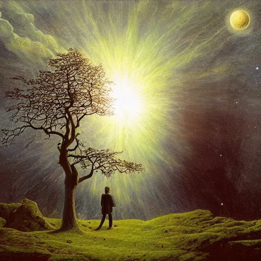 Prompt: a cosmic life tree by caspar david friedrich and albert bierstadt, digital art, artstation, low angle,