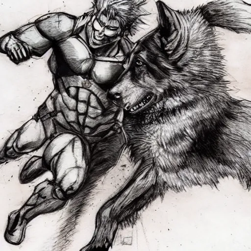 Image similar to a humanoid german shepherd beast - man wrestling with another german shepherd in the middle of an arena, pencil art, added detail, high definiton, colored, aerial viewyoji shinkawa