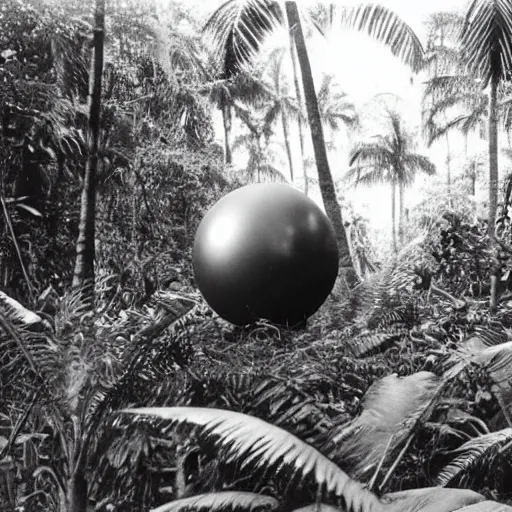 Image similar to a rizom lost film footage of a ( ( ( ( ( ( ( ( sphere ) ) ) ) ) ) ) in the middle of the tropical jungle / tribalism!!!!! / film still / cinematic / enhanced / 1 9 2 0 s / black and white / grain