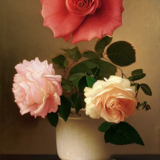 Image similar to A highly detailed and realistic rose, flourished, French Renaissance painting, still life, 4K, oil painting on canvas. By William Adolphe Bouguereau and Barret Frymire