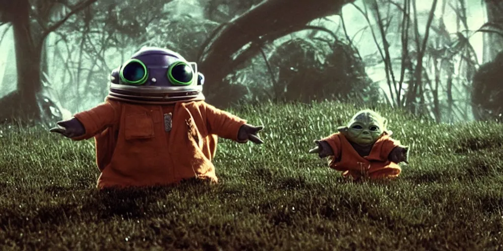 Prompt: a 3 d rendered movie still, wide - angle shot, 1 0 0 meter in the distance, adorable ( baby ) yoda wearing a spacesuit, and exploring cosmos in a fanciful fantastical mothership. dramatic lighting, imax, 7 0 mm. science fiction blockbuster movie, silent running.