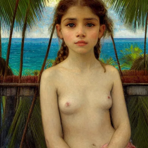 Image similar to a ultradetailed beautiful painting of a girl in the amazonas palace balustrade designed by jules bastien - lepage, tarsila do amaral, frank weston and gustave baumann, beach, trending on artstation, mediterranean, palm trees, hyper detailed face, sharp focus, soft light, 8 k 4 k