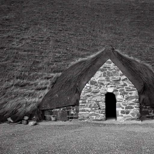 Prompt: medieval scottish blackhouse designed by marcel breuer, fujinon premista 1 9 - 4 5 mm