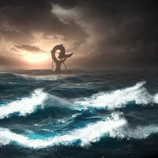 Image similar to Poseidon, the god of the sea, matte painting, photorealistic, dark colors