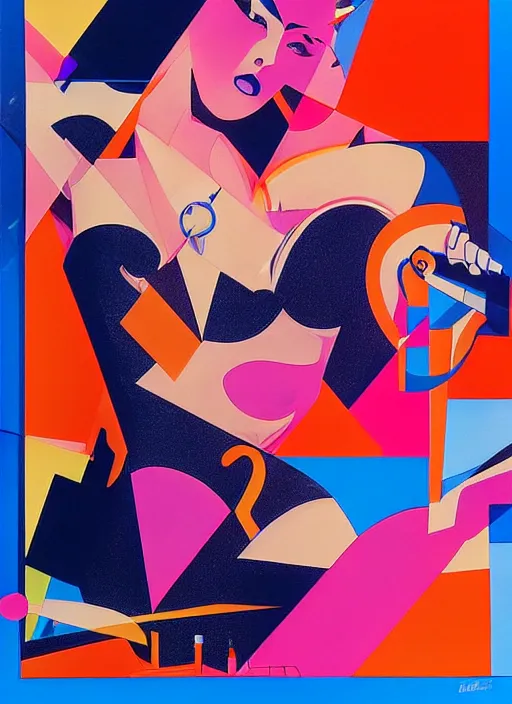 Image similar to futuristic laser girl pinup, by steven meisel, james jean and rolf armstrong, geometric cubist acrylic and airbrush painting with retro and neon colors