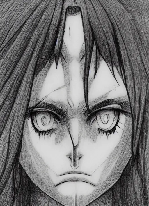 Image similar to line art pencil drawing of a chimera of a sad woman with big crying eyes,, art by shinichi sakamoto and kentaro miura