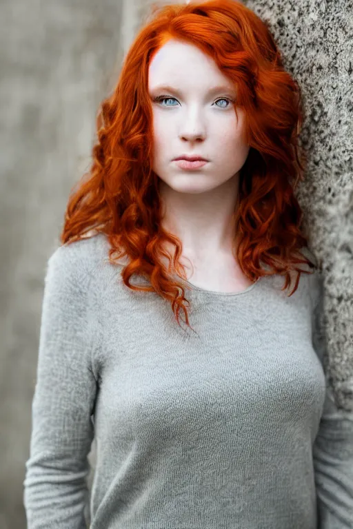 Image similar to a portrait of a redhead beautiful girl, green eyes, highly detailed, 3 5 mm f 1. 4 background silver fir