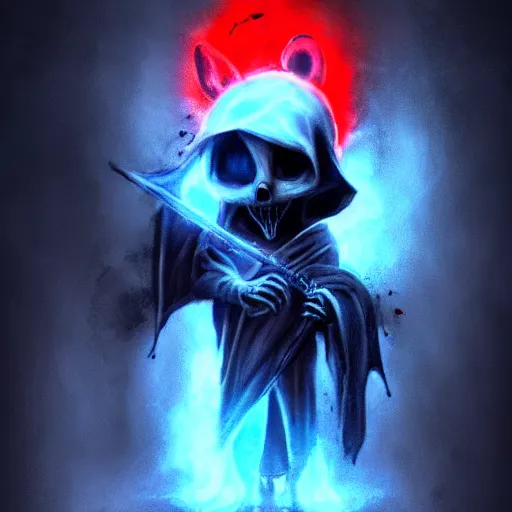 Image similar to a ghostly anthropomorphic rat with skull face and glowing red eyes wearing black tattered robes and holding two blue flames, grim reaper except a rat, photorealistic, artstation