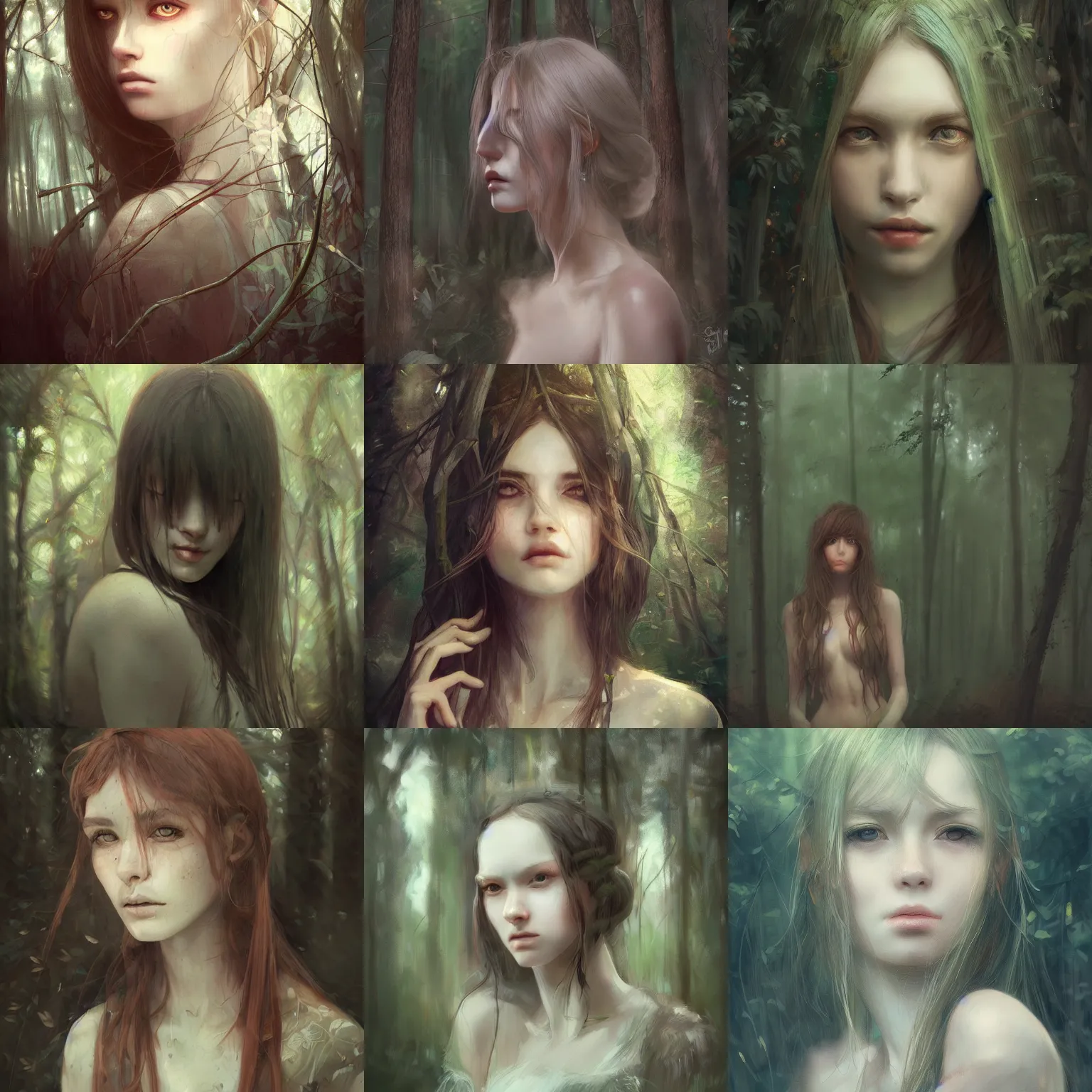 Prompt: portrait ~ woman ~ in a forest | sad | lost | mysterious ; intricate details ; sharp focus : art by wlop : trending on artstation deviantart