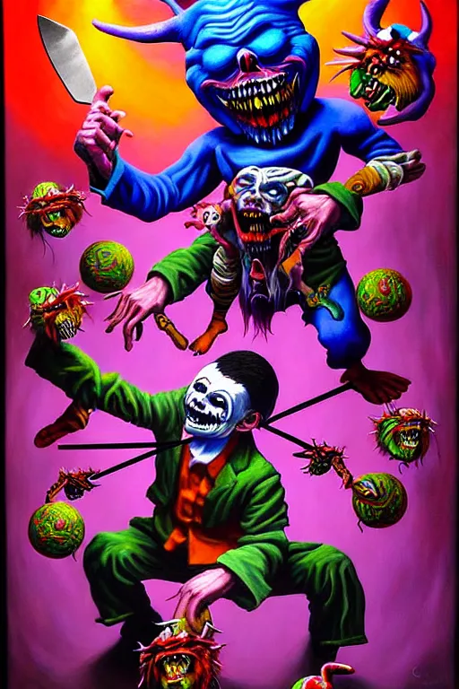 Image similar to a hyperrealistic painting of a epic boss fight against evil jester juggling knives, cinematic horror by chris cunningham, lisa frank, richard corben, highly detailed, vivid color,