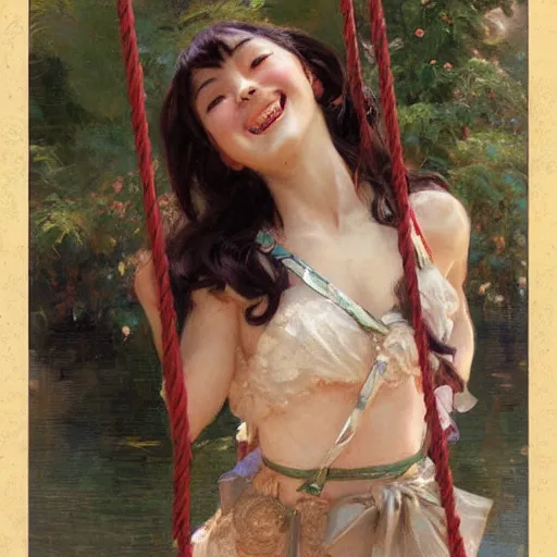 Prompt: a portrait of a cute anime girl on swing, smiling coy, painting by gaston bussiere, craig mullins, j. c. leyendecker