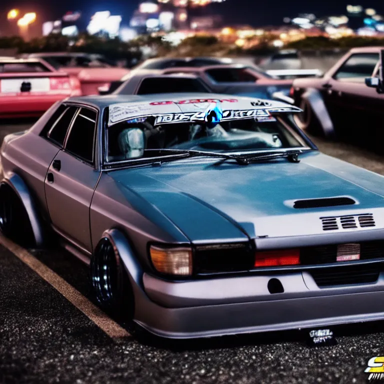 Image similar to a car S30 twin turbo drift at illegal car meet, Gunma prefecture, city midnight mist lights, cinematic lighting, photorealistic, highly detailed wheels, high detail